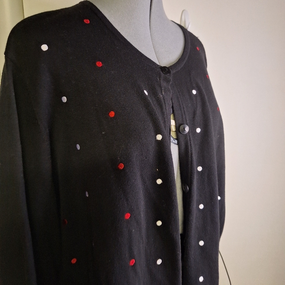 C J. Banks Black Cardigan with Red and White Polka Dots 100% Cotton Size 2X